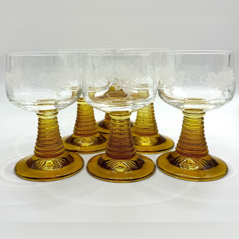Set of 6 Schott-Zwiesel Roemer Etched Grape Motif Amber Beehive Stem Glasses
